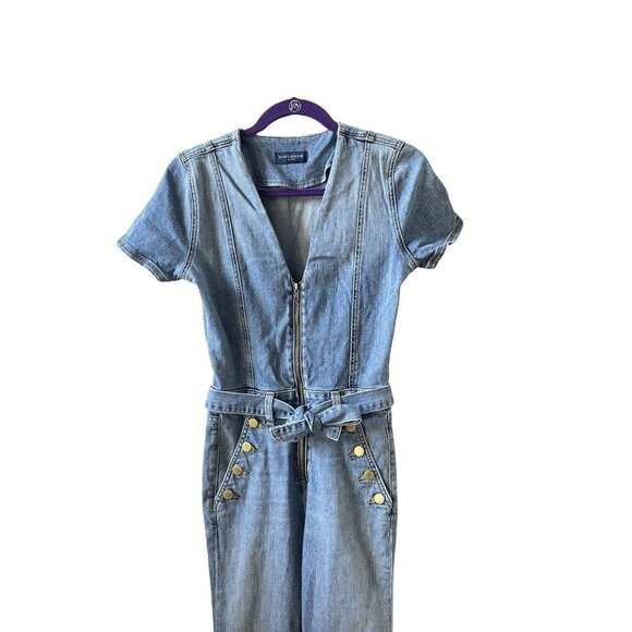Ramy Brook Helena Denim Jumpsuit Light Wash Short Sleeve Zip Wide Leg Size 24 - Picture 6 of 11